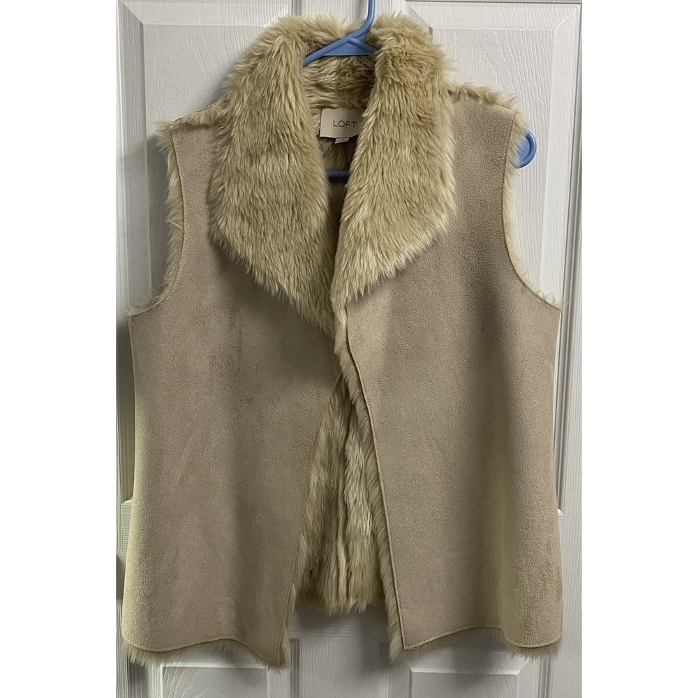 Ann Taylor LOFT Womens Beige/Tan Soft Faux Fur Suede Feel Sleeveless Vest Sz. S